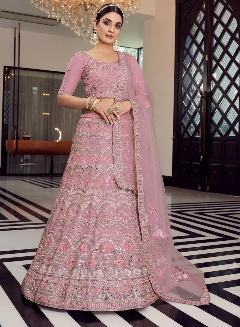 good-looking pink colored mirror, zari, zarkan, and thread embroidered organza Semi Stitched Lehenga
