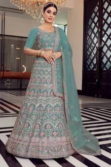 turquoise colored mirror, zari, zarkan, thread, embroidered organza semi stitched lehenga