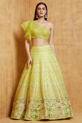  Yellow Thread Embroidered With Mirror Work Art Silk Party Wear Lehenga Choli 1
