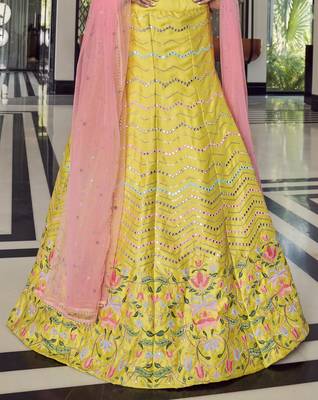  Yellow Thread Embroidered With Mirror Work Art Silk Party Wear Lehenga Choli 4