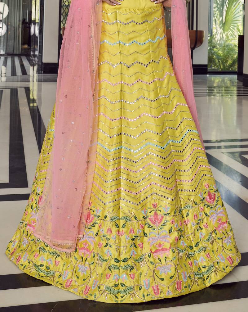 Yellow Thread Embroidered With Mirror Work Art Silk Party Wear Lehenga Choli