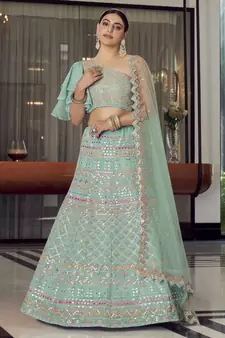 Turquoise gotta patti organza semi stitched lehenga