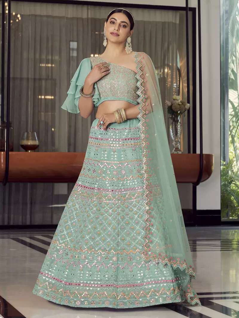 Turquoise gotta patti organza semi stitched lehenga