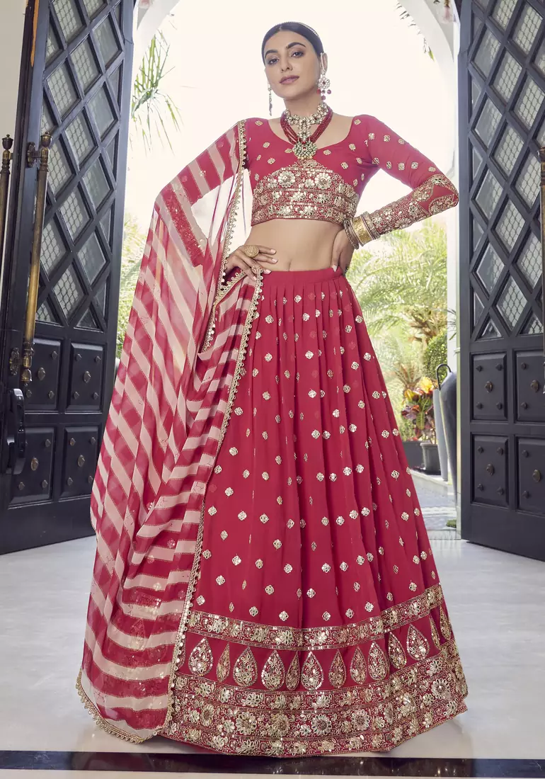 Red gotta patti georgette semi stitched lehenga