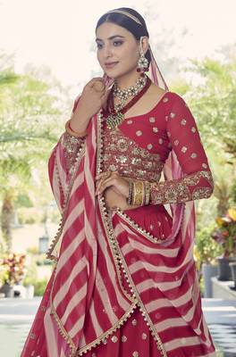 Red gotta patti with zari embroidered georgette Semi Stitched Lehenga choli with scarf 2