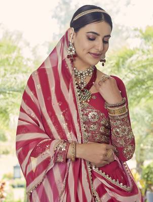 Red gotta patti with zari embroidered georgette Semi Stitched Lehenga choli with scarf 3
