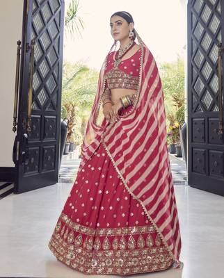 Red gotta patti with zari embroidered georgette Semi Stitched Lehenga choli with scarf 4
