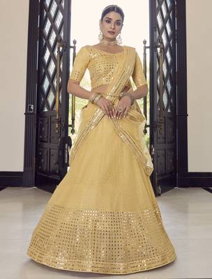 yellow colored sequins, foil mirror, thread, embroidered georgette Semi Stitched Lehenga choli 1