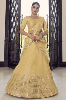 yellow colored sequins, foil mirror, thread, embroidered georgette semi stitched lehenga