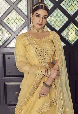 yellow colored sequins, foil mirror, thread, embroidered georgette Semi Stitched Lehenga choli 2