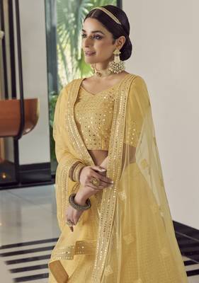 yellow colored sequins, foil mirror, thread, embroidered georgette Semi Stitched Lehenga choli 3