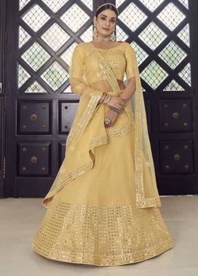 yellow colored sequins, foil mirror, thread, embroidered georgette Semi Stitched Lehenga choli 4