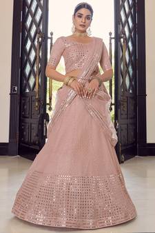 peach colored sequins, foil mirror, thread, embroidered georgette semi stitched lehenga