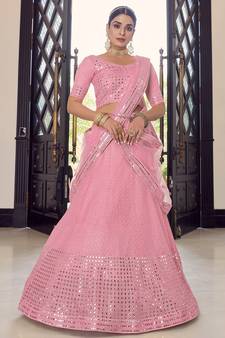 pink colored sequins, foil mirror, thread, embroidered georgette semi stitched lehenga