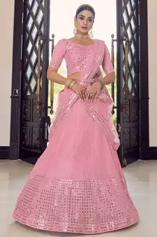 pink colored sequins, foil mirror, thread, embroidered georgette semi stitched lehenga