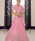 pink colored sequins, foil mirror, and thread embroidered georgette Semi Stitched Lehenga