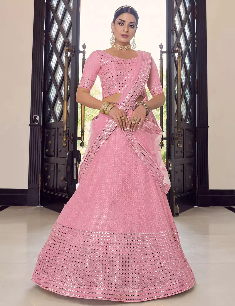 pink colored sequins, foil mirror, thread, embroidered georgette semi stitched lehenga