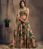 Green Sequins and Zari Embroidery on digital printed organza fabric indian wedding lehenga choli dress