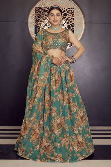 Marvelous Green Zari and sequins Embroidered organza semi stitched Roses Printed Floral lehenga