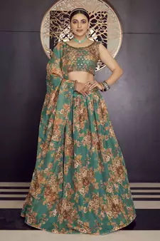 Marvelous Green Zari and sequins Embroidered organza semi stitched Roses Printed Floral lehenga