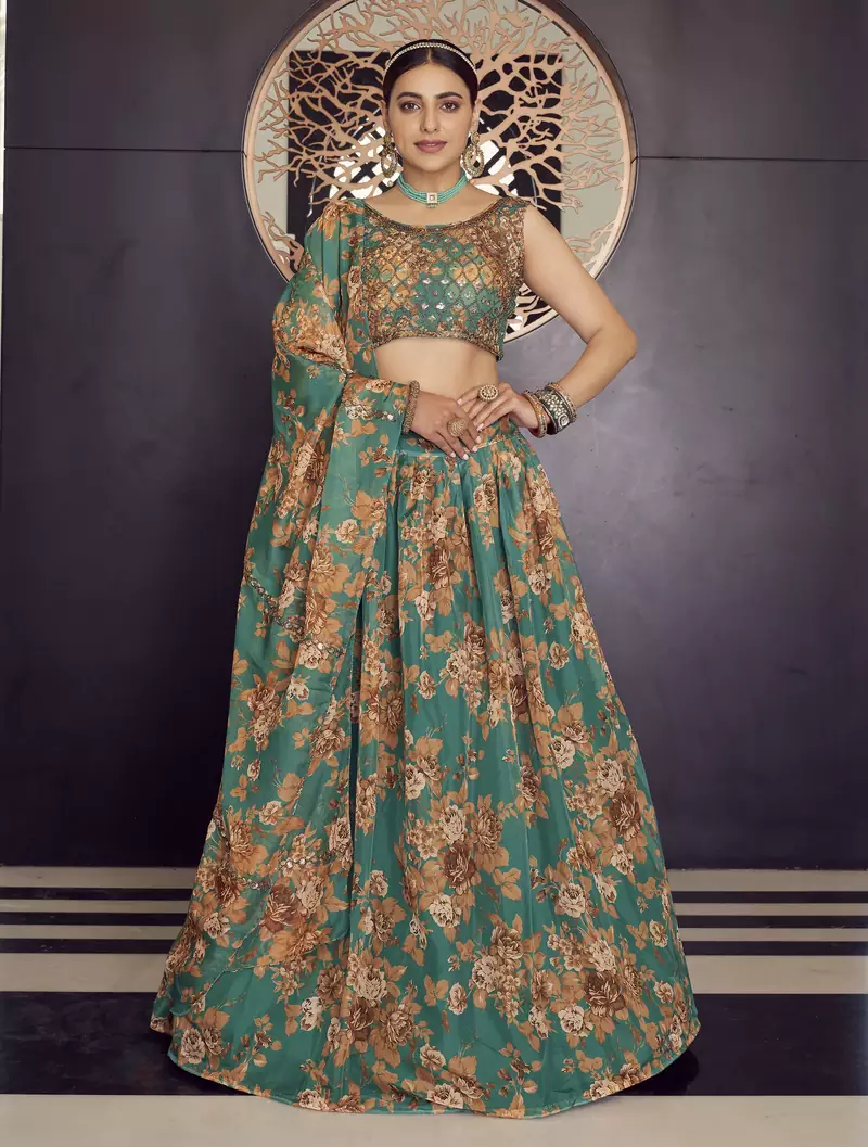 Marvelous Green Zari and sequins Embroidered organza semi stitched Roses Printed Floral lehenga