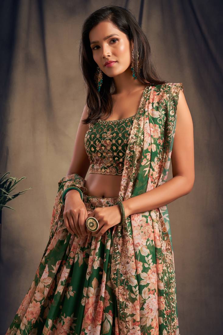 Green Sequins and Zari Embroidery on digital printed organza fabric indian wedding lehenga choli dress