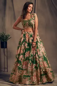 Green Sequins and Zari Embroidery on digital printed organza fabric indian wedding lehenga choli dress