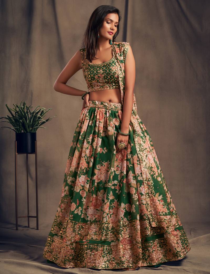 Green Sequins and Zari Embroidery on digital printed organza fabric indian wedding lehenga choli dress