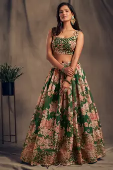 Green Sequins and Zari Embroidery on digital printed organza fabric indian wedding lehenga choli dress