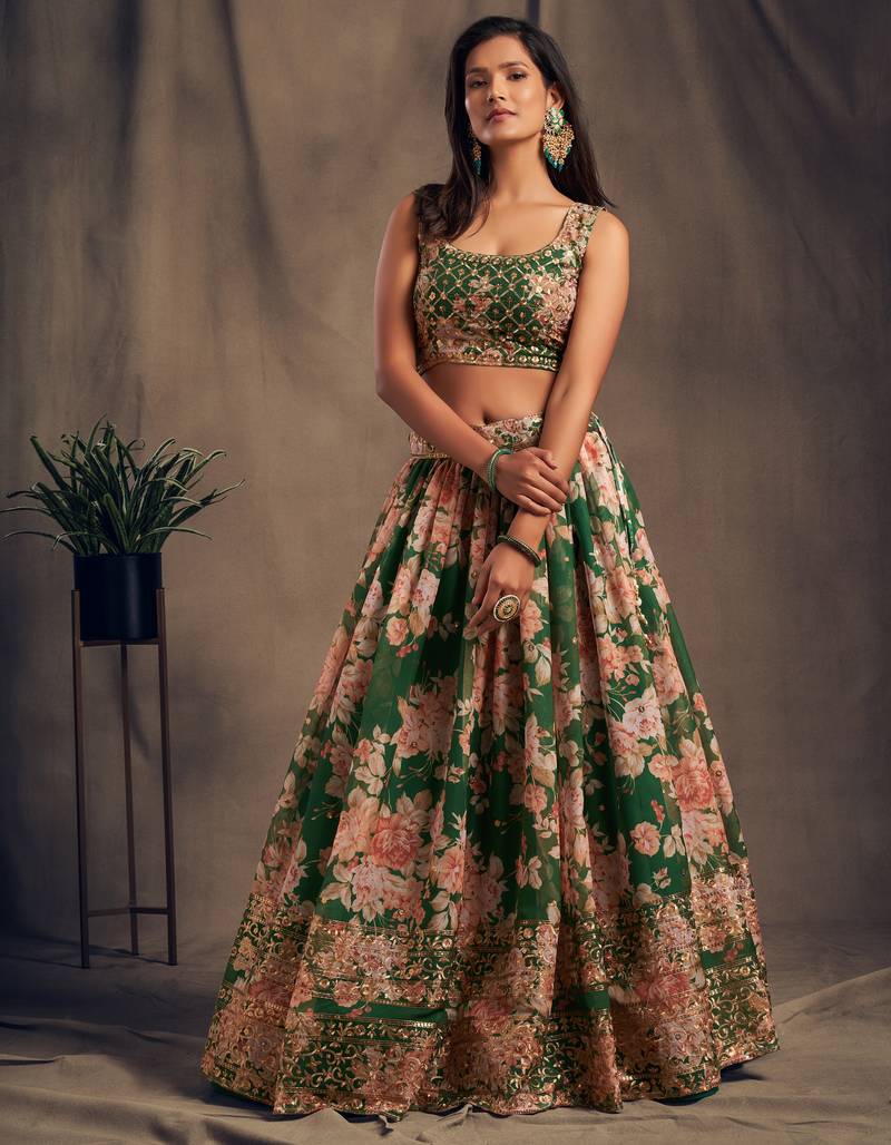 Green Sequins and Zari Embroidery on digital printed organza fabric indian wedding lehenga choli dress