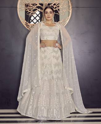 White thread embroidered with mirror work georgette Semi Stitched wedding Lehenga choli 1