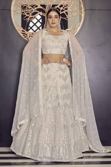 White thread embroidered with mirror work georgette Semi Stitched wedding Lehenga choli
