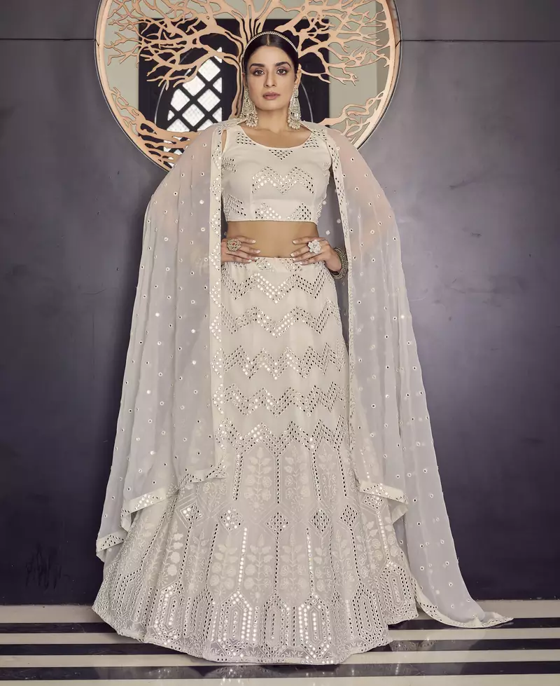 White thread embroidery georgette semi stitched lehenga
