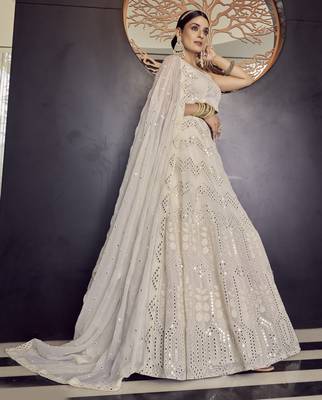 White thread embroidered with mirror work georgette Semi Stitched wedding Lehenga choli 2