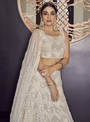 White thread embroidered with mirror work georgette Semi Stitched wedding Lehenga choli 3