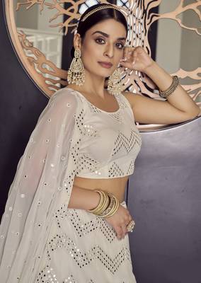 White thread embroidered with mirror work georgette Semi Stitched wedding Lehenga choli 4