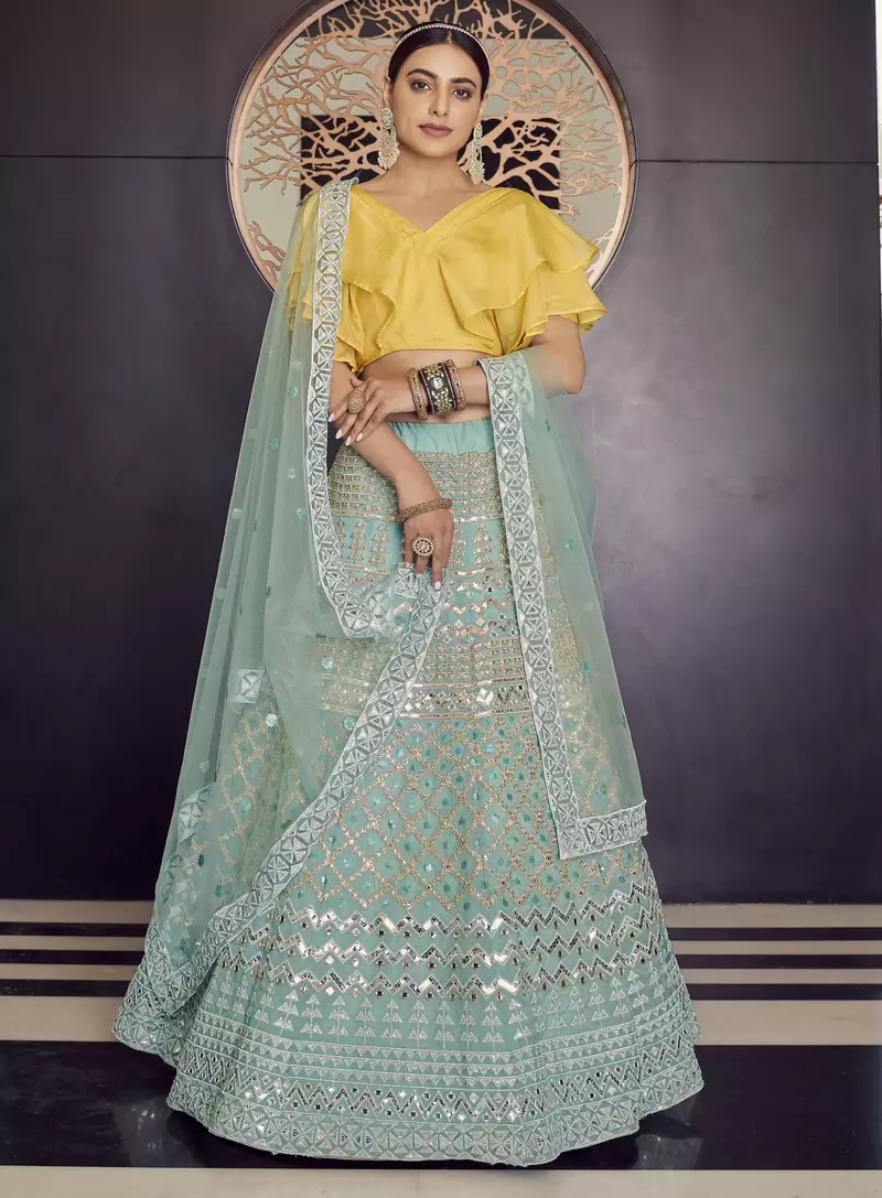 Turquoise gotta patti organza semi stitched lehenga