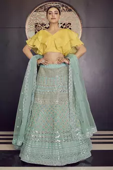 Turquoise gotta patti and thread embroidered organza party wear Lehenga choli