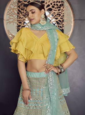 Turquoise gotta patti and thread embroidered organza party wear Lehenga choli 3