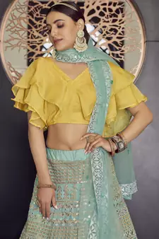 Turquoise gotta patti and thread embroidered organza party wear Lehenga choli