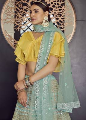 Turquoise gotta patti and thread embroidered organza party wear Lehenga choli 4