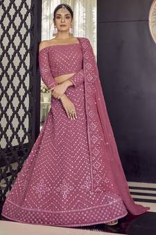 Pink thread embroidery georgette semi stitched lehenga