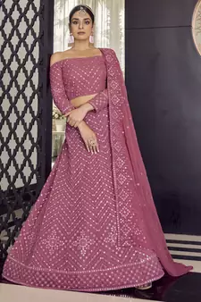 Pink thread embroidery georgette semi stitched lehenga
