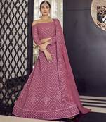 Pink thread embroidered with mirror work georgette Semi Stitched Lehenga