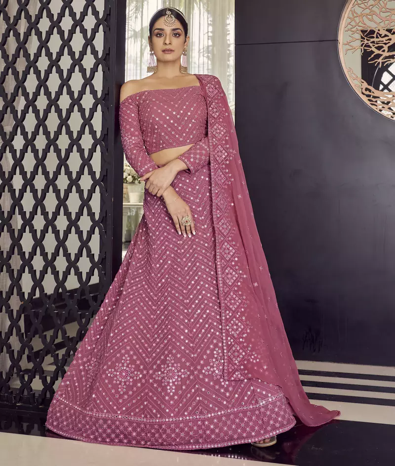 Pink thread embroidery georgette semi stitched lehenga