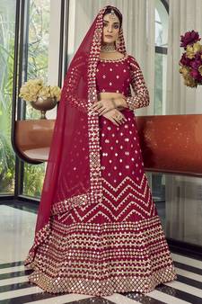 Red mirror georgette semi stitched lehenga