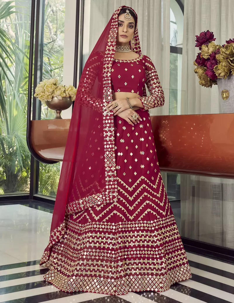 Red mirror georgette semi stitched lehenga