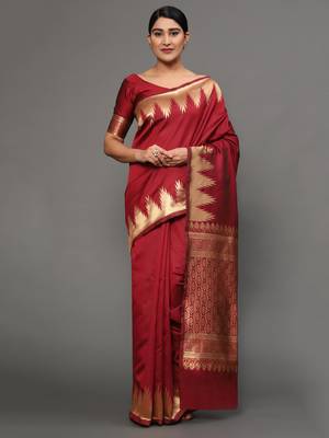 Glemora Red Beautiful Ethnic Wear Silk Blend Banarasi Traditional Saree 1
