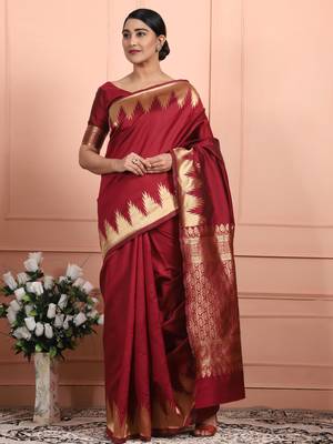 Glemora Red Beautiful Ethnic Wear Silk Blend Banarasi Traditional Saree 3