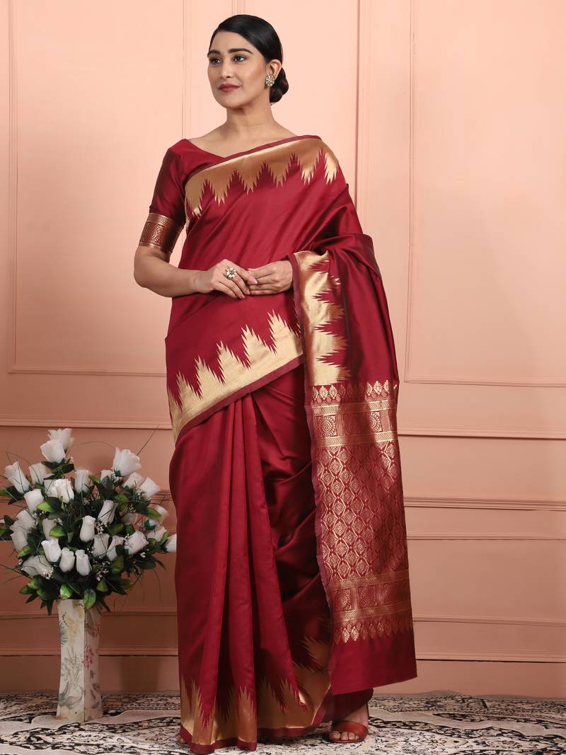 Glemora Red Beautiful Ethnic Wear Silk Blend Banarasi Traditional Saree